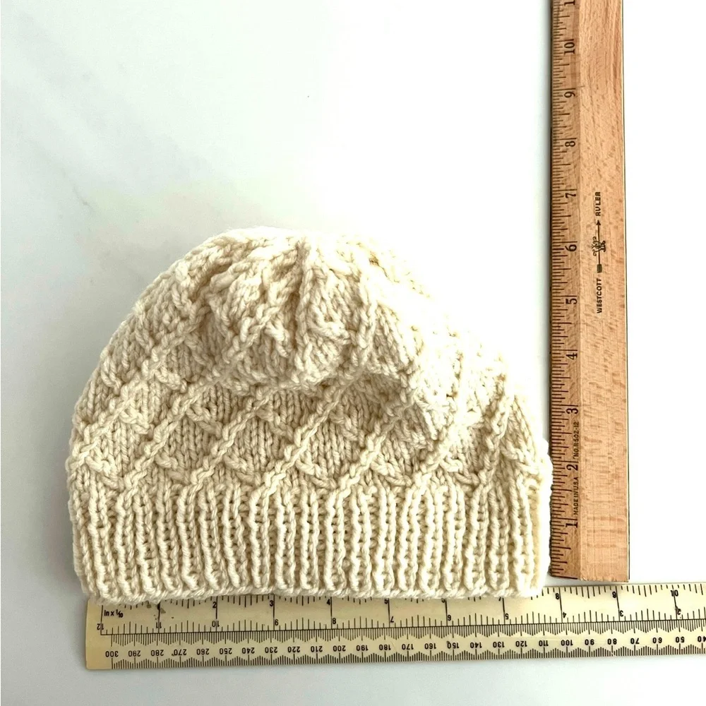 Wool Handmade cream Knit Beanie hat Stretchy Unisex baby toddler 40-50cm beige